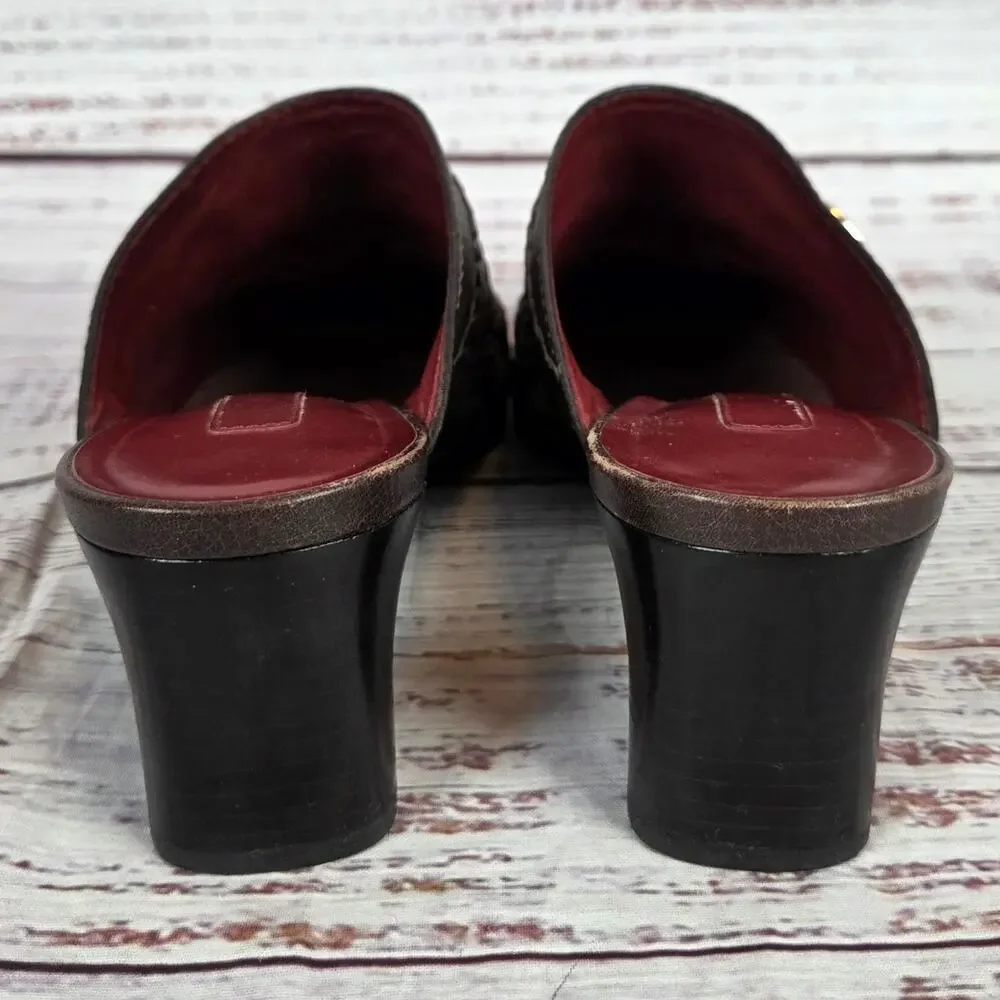 Brighton Twirl Woven Leather Mules Sz 8M Earthy Brown Chunky Heel Slip on Shoes